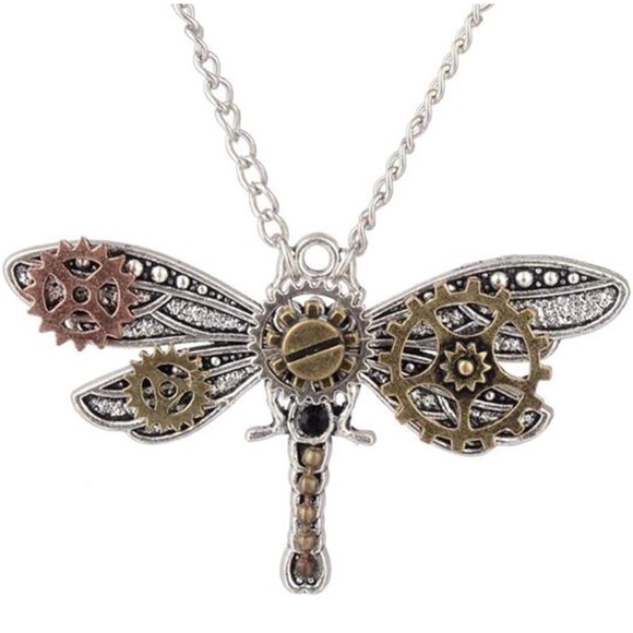 Steampunk Dragonfly Gear Necklace and Lucky Tree Brooch Set - Picture 4 of 7